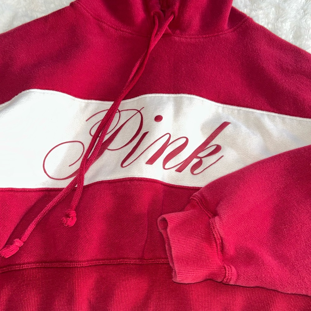 PINK Victoria's Secret Red and White Pull Over Hoodie